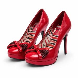 Betsey Johnson Vintage Red Patent Bow Heels Pumps Size 9 Platform Party Prom